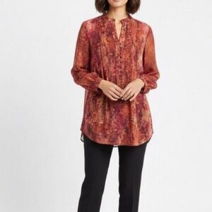 Coldwater Creek NWOT Burgundy Pink Abstract Sheer Pleated Button-up LS Tunic XL